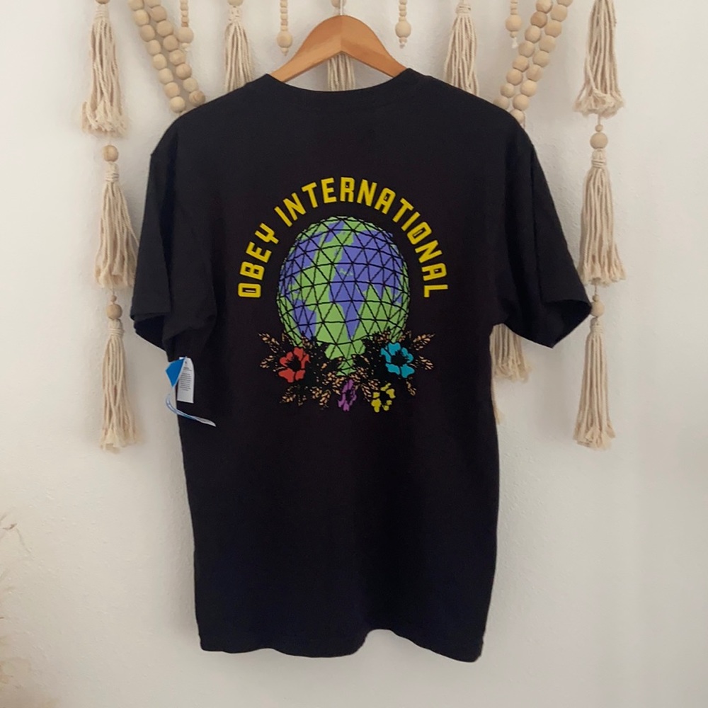 Obey floral globe black tee shirt mens short sleeve t-shirt small NWT